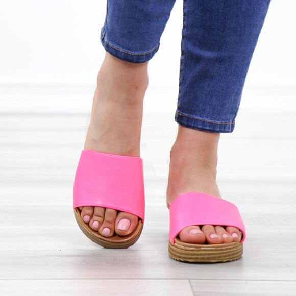Neon Pink Faux Leather Slip On Comfort Sandal - Picture 9 of 13